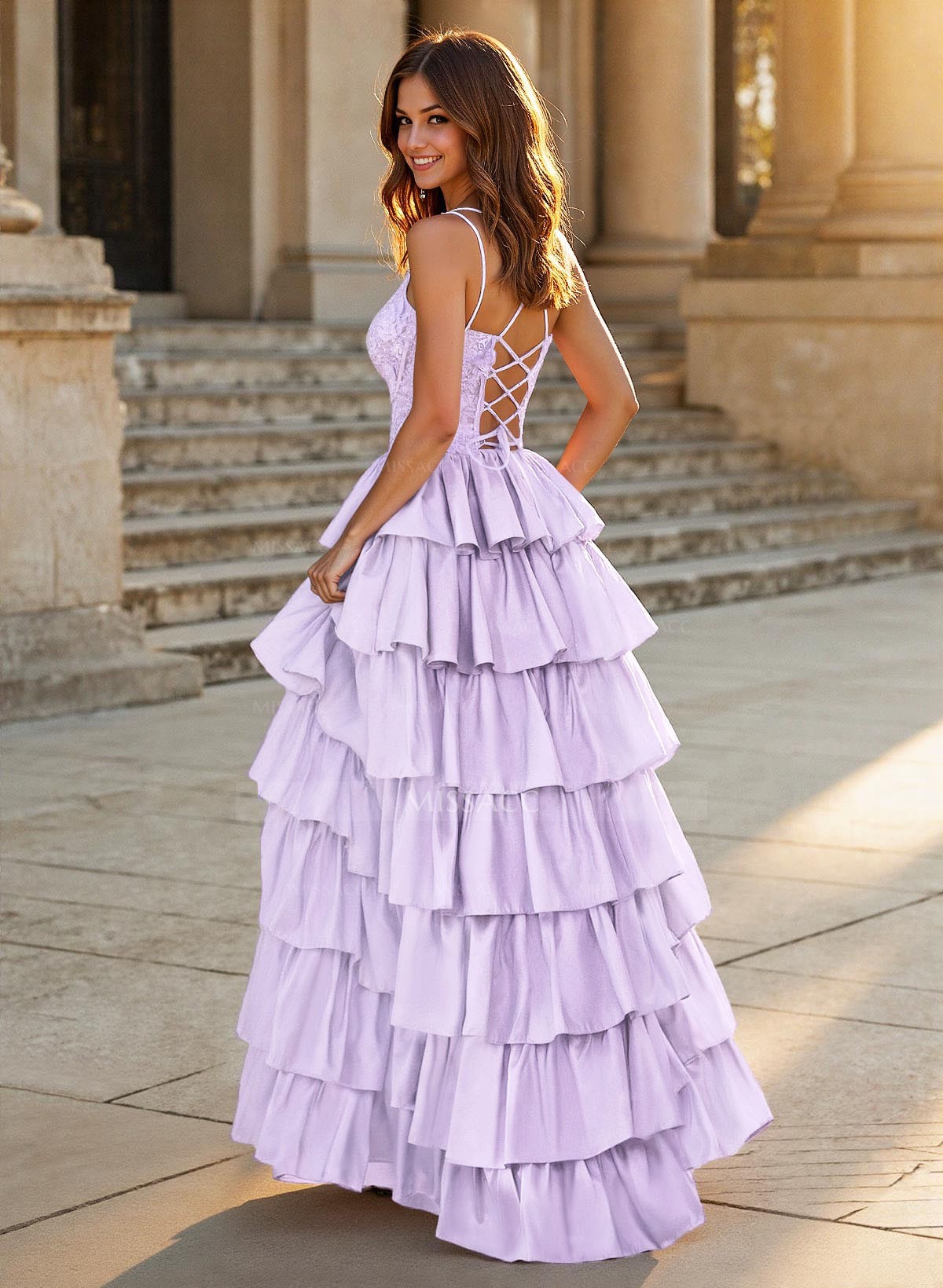 Dreamy V-Neck Lace Illusion Corset A-Line Tiered Silk Like Satin Prom Dresses