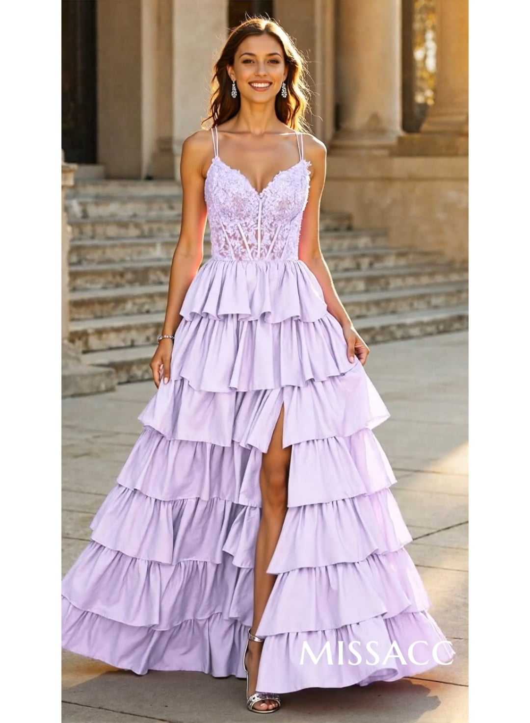 Dreamy V-Neck Lace Illusion Corset A-Line Tiered Silk Like Satin Prom Dresses