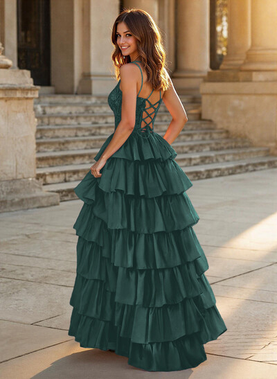Dreamy V-Neck Lace Illusion Corset A-Line Tiered Silk Like Satin Prom Dresses