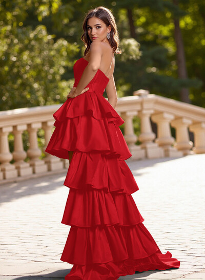 Sweet Tiered Skirt Sweetheart Asymmetrical Silk Like Satin Prom Dresses