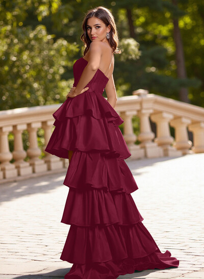 Sweet Tiered Skirt Sweetheart Asymmetrical Silk Like Satin Prom Dresses