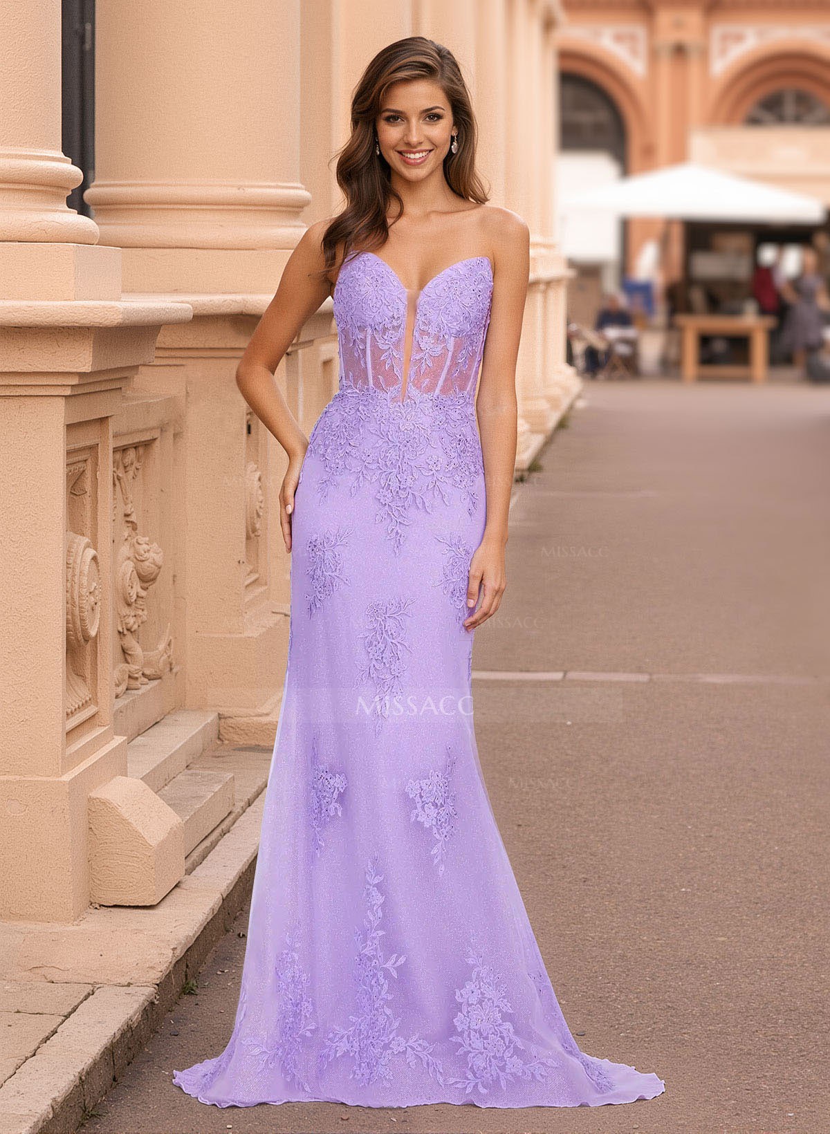 Dreamy Sweetheart Illusion Corset Sweep Train Lace/Tulle Prom Dresses