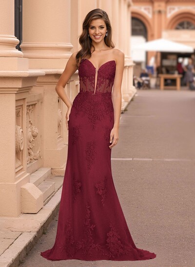 Dreamy Sweetheart Illusion Corset Sweep Train Lace/Tulle Prom Dresses