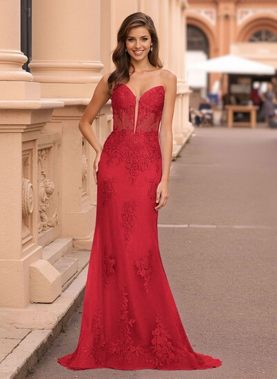Dreamy Sweetheart Illusion Corset Sweep Train Lace/Tulle Prom Dresses