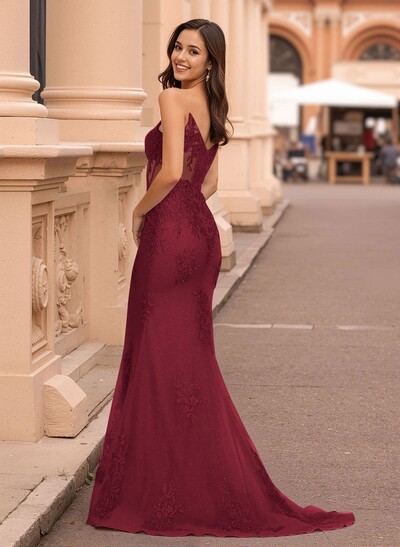 Dreamy Sweetheart Illusion Corset Sweep Train Lace/Tulle Prom Dresses