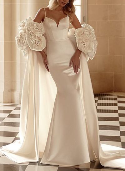 Unique V-Neck Spaghetti Straps Sweep Train Satin Wedding Dresses With Flower(s) Shawl