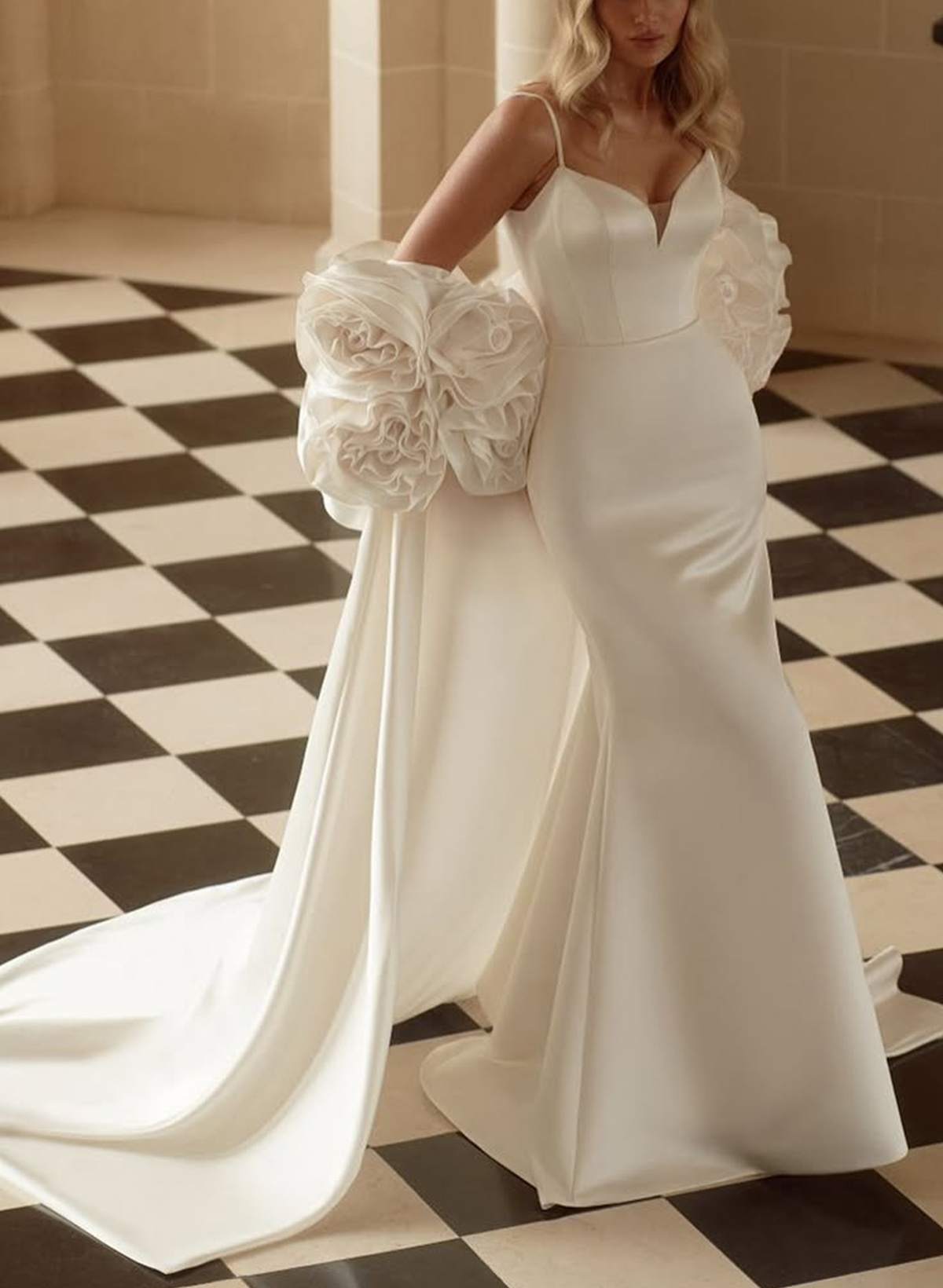 Unique V-Neck Spaghetti Straps Sweep Train Satin Wedding Dresses With Flower(s) Shawl