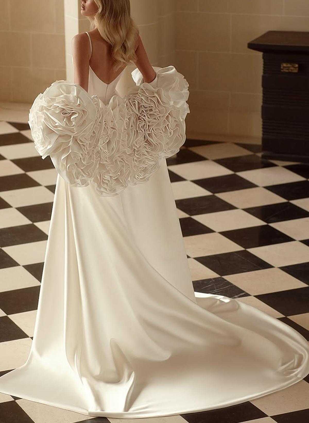 Unique V-Neck Spaghetti Straps Sweep Train Satin Wedding Dresses With Flower(s) Shawl