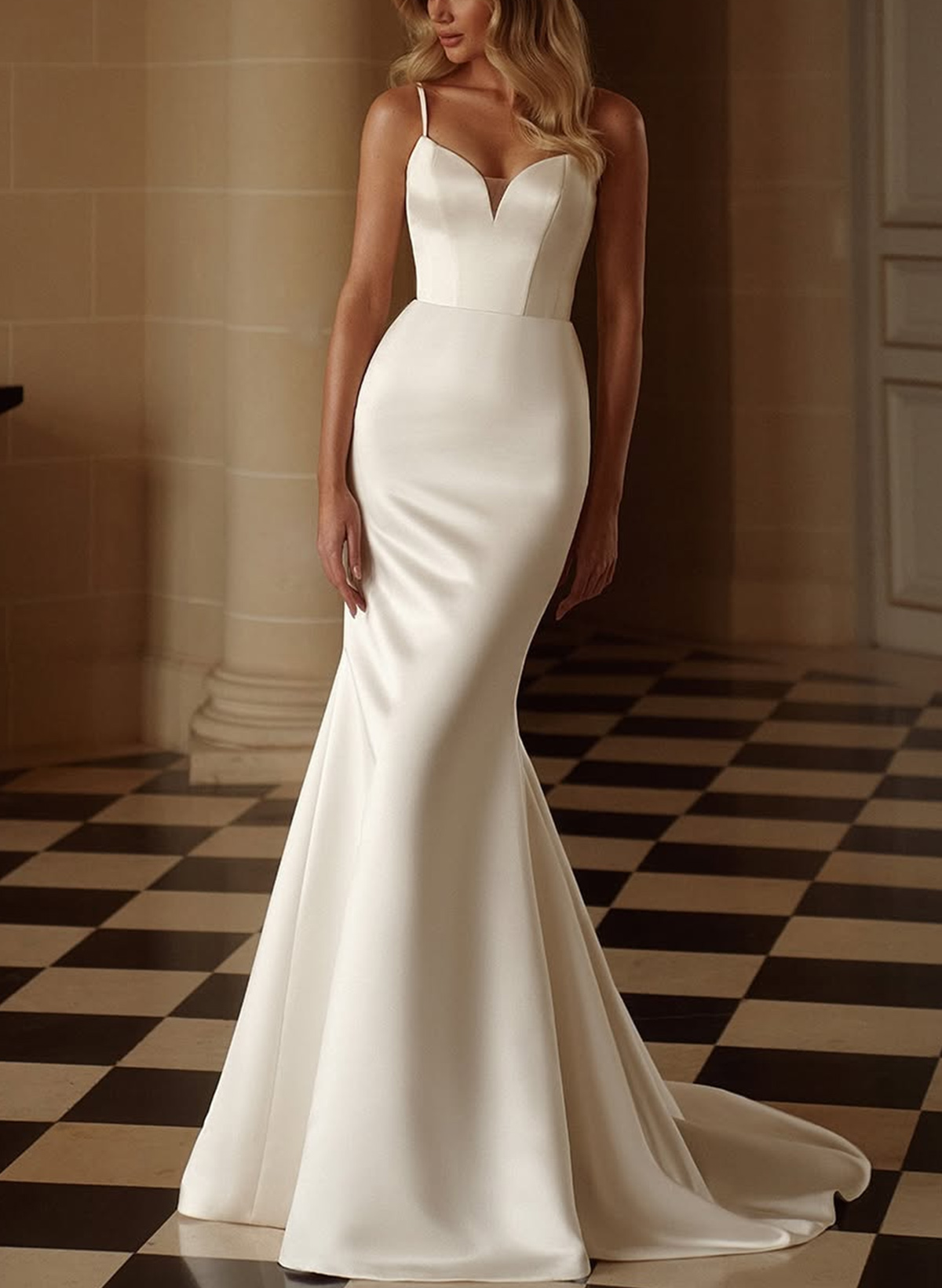 Unique V-Neck Spaghetti Straps Sweep Train Satin Wedding Dresses With Flower(s) Shawl