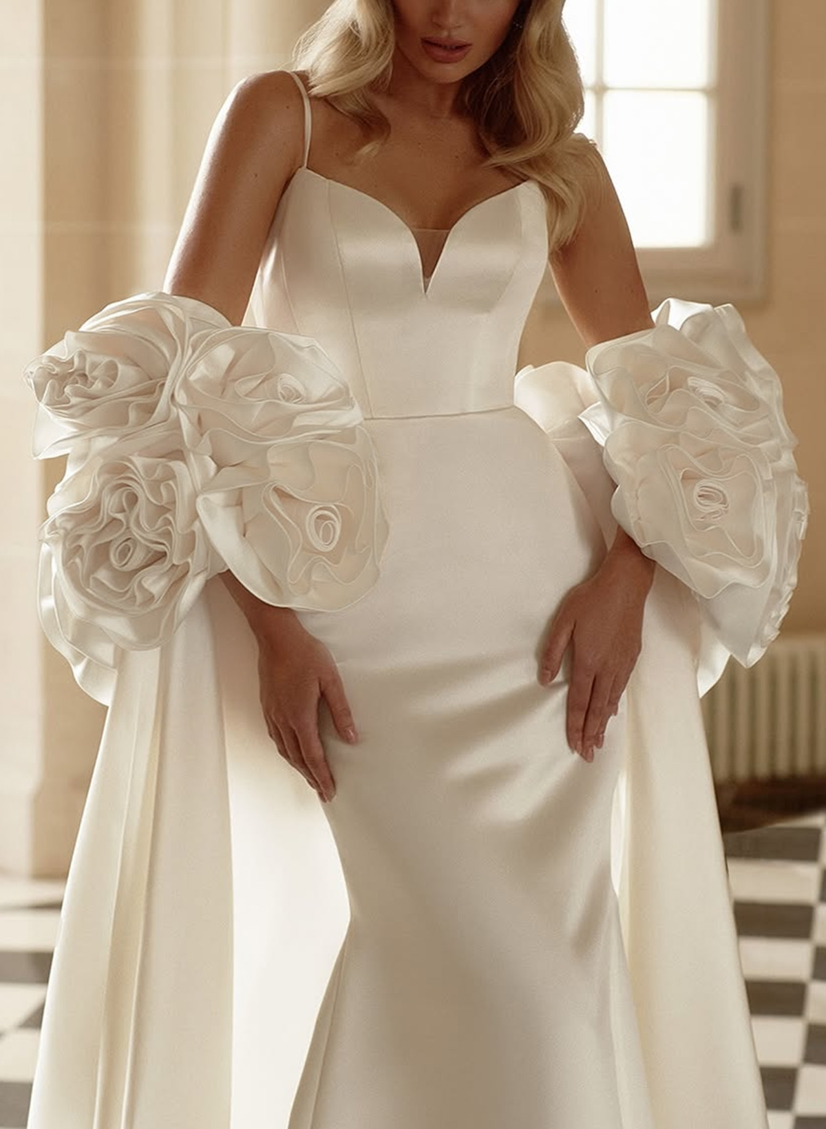 Unique V-Neck Spaghetti Straps Sweep Train Satin Wedding Dresses With Flower(s) Shawl