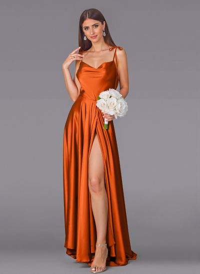 Classy Cowl Neck High Split A-Line Sweep Train Silk Like Satin Bridesmaid Dresses