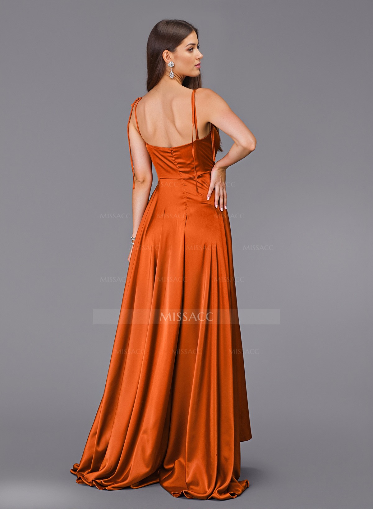 Classy Cowl Neck High Split A-Line Sweep Train Silk Like Satin Bridesmaid Dresses