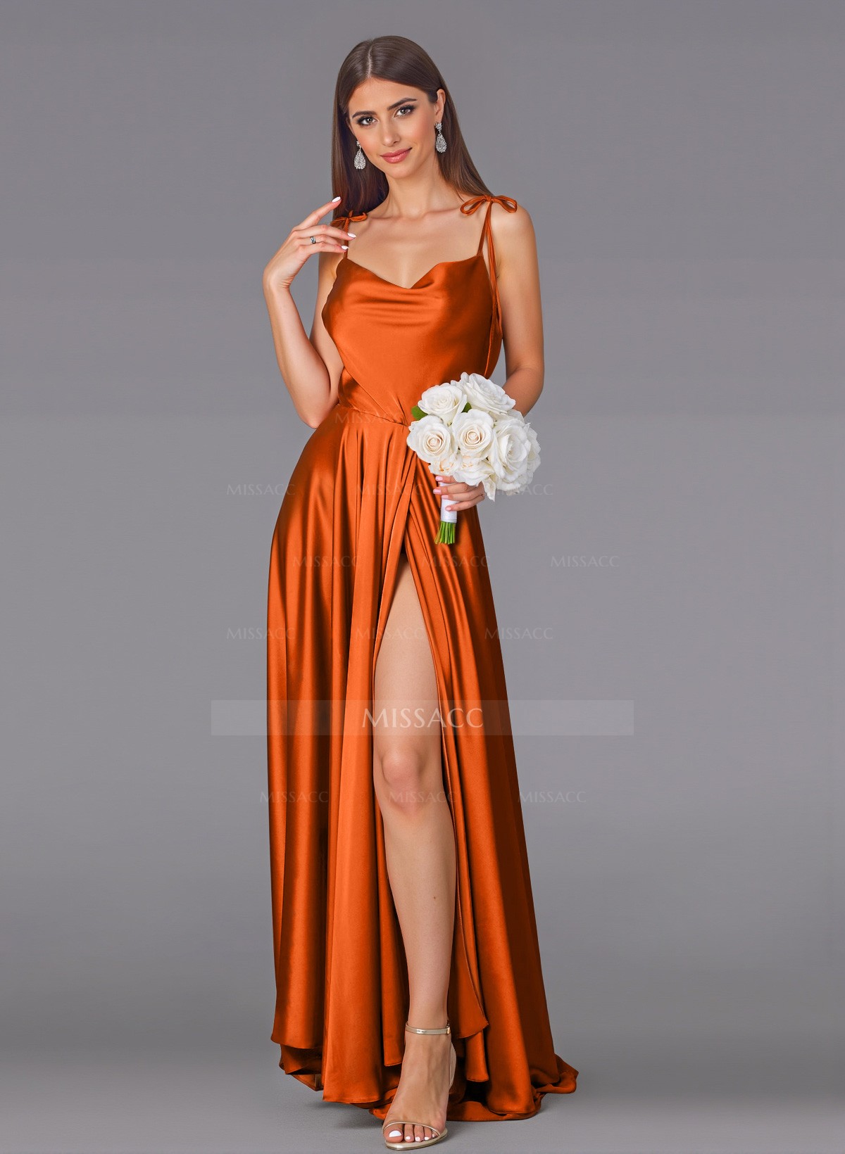 Classy Cowl Neck High Split A-Line Sweep Train Silk Like Satin Bridesmaid Dresses