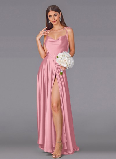 Classy Cowl Neck High Split A-Line Sweep Train Silk Like Satin Bridesmaid Dresses