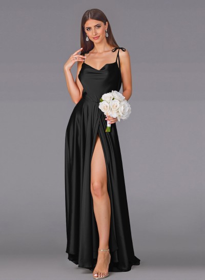 Classy Cowl Neck High Split A-Line Sweep Train Silk Like Satin Bridesmaid Dresses