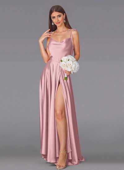 Classy Cowl Neck High Split A-Line Sweep Train Silk Like Satin Bridesmaid Dresses