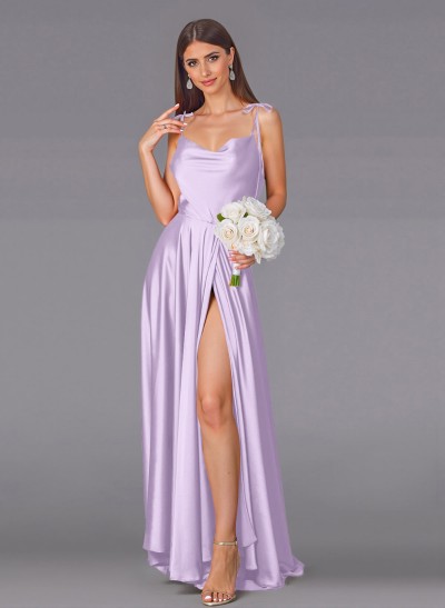 Classy Cowl Neck High Split A-Line Sweep Train Silk Like Satin Bridesmaid Dresses