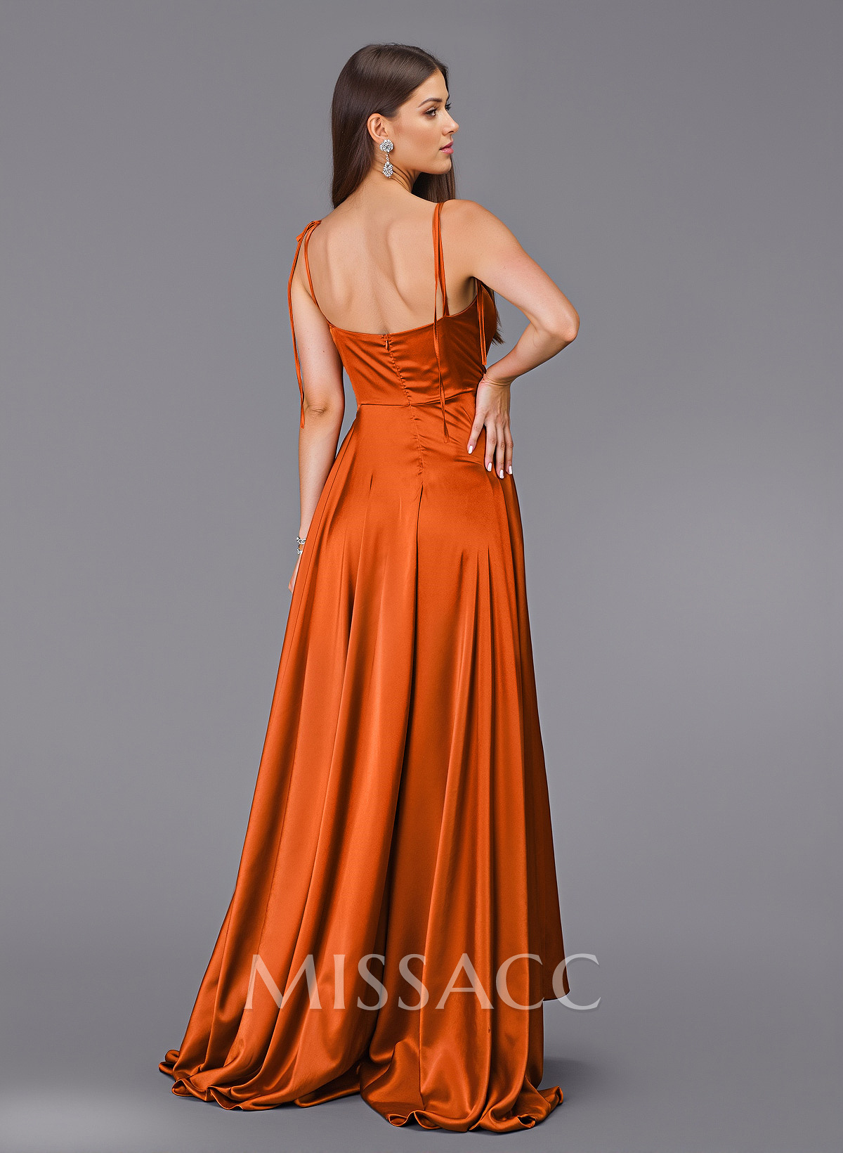Classy Cowl Neck High Split A-Line Sweep Train Silk Like Satin Bridesmaid Dresses