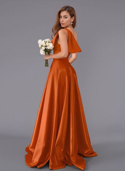 Classy Bow(s) One-Shoulder A-Line Sweep Train Satin Bridesmaid Dresses With Pockets