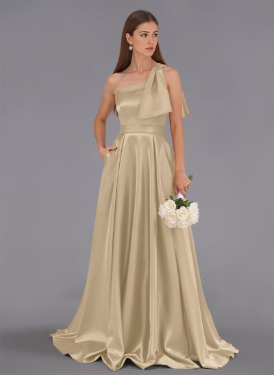 Classy Bow(s) One-Shoulder A-Line Sweep Train Satin Bridesmaid Dresses With Pockets