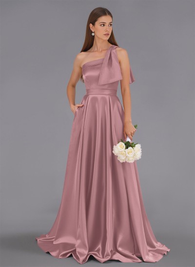 Classy Bow(s) One-Shoulder A-Line Sweep Train Satin Bridesmaid Dresses With Pockets