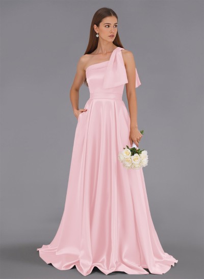 Classy Bow(s) One-Shoulder A-Line Sweep Train Satin Bridesmaid Dresses With Pockets