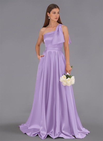 Classy Bow(s) One-Shoulder A-Line Sweep Train Satin Bridesmaid Dresses With Pockets