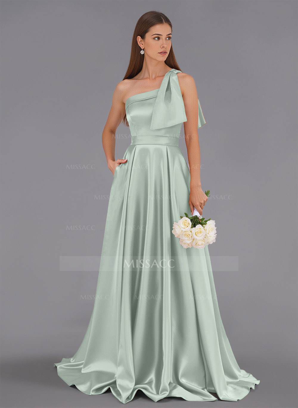 Classy Bow(s) One-Shoulder A-Line Sweep Train Satin Bridesmaid Dresses With Pockets 