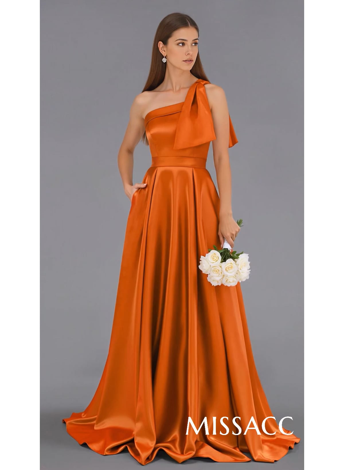 Classy Bow(s) One-Shoulder A-Line Sweep Train Satin Bridesmaid Dresses With Pockets