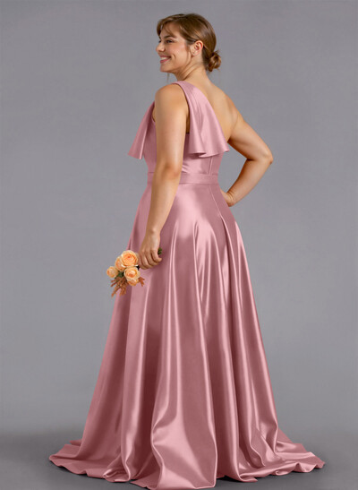 Classy Bow(s) One-Shoulder A-Line Sweep Train Satin Bridesmaid Dresses With Pockets