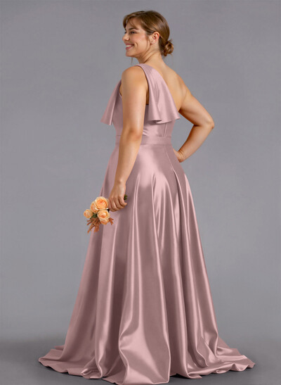 Classy Bow(s) One-Shoulder A-Line Sweep Train Satin Bridesmaid Dresses With Pockets