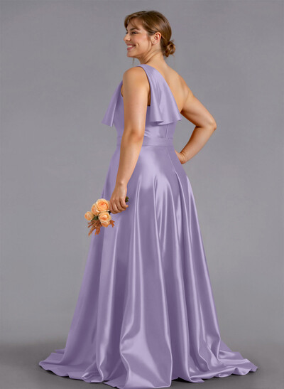 Classy Bow(s) One-Shoulder A-Line Sweep Train Satin Bridesmaid Dresses With Pockets