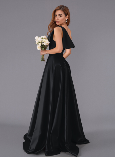 Classy Bow(s) One-Shoulder A-Line Sweep Train Satin Bridesmaid Dresses With Pockets