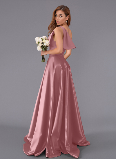 Classy Bow(s) One-Shoulder A-Line Sweep Train Satin Bridesmaid Dresses With Pockets
