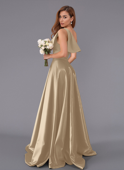 Classy Bow(s) One-Shoulder A-Line Sweep Train Satin Bridesmaid Dresses With Pockets