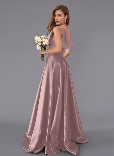 Classy Bow(s) One-Shoulder A-Line Sweep Train Satin Bridesmaid Dresses With Pockets