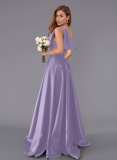 Classy Bow(s) One-Shoulder A-Line Sweep Train Satin Bridesmaid Dresses With Pockets