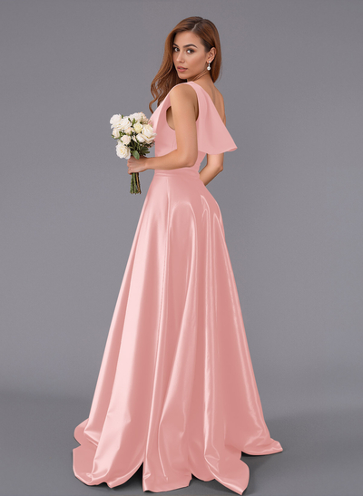 Classy Bow(s) One-Shoulder A-Line Sweep Train Satin Bridesmaid Dresses With Pockets