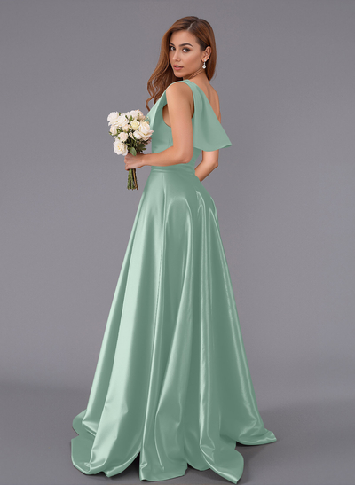 Classy Bow(s) One-Shoulder A-Line Sweep Train Satin Bridesmaid Dresses With Pockets
