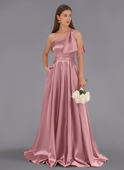 Classy Bow(s) One-Shoulder A-Line Sweep Train Satin Bridesmaid Dresses With Pockets