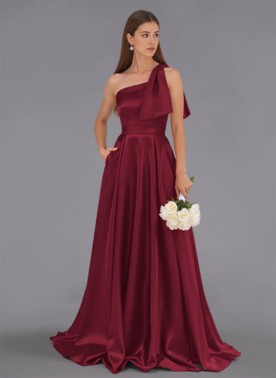 Classy Bow(s) One-Shoulder A-Line Sweep Train Satin Bridesmaid Dresses With Pockets