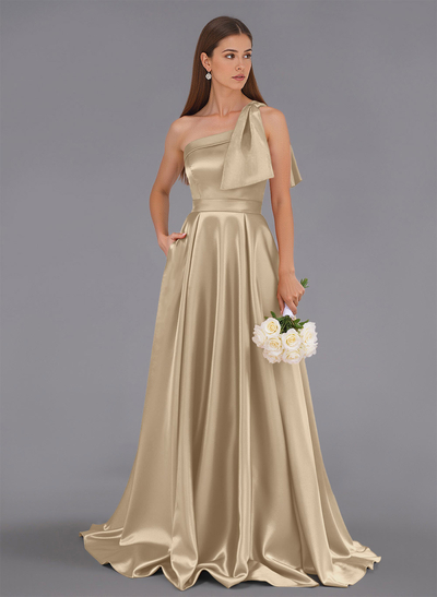 Classy Bow(s) One-Shoulder A-Line Sweep Train Satin Bridesmaid Dresses With Pockets