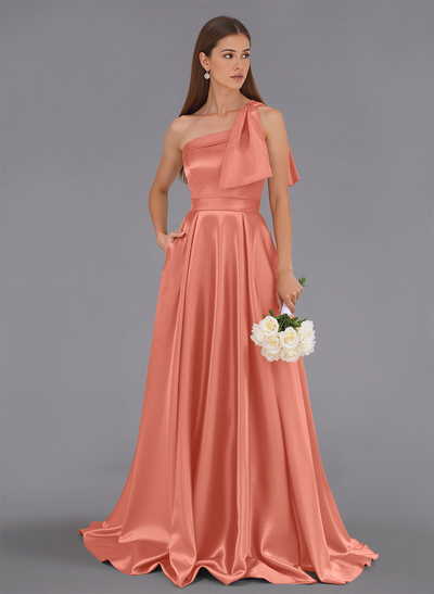 Classy Bow(s) One-Shoulder A-Line Sweep Train Satin Bridesmaid Dresses With Pockets