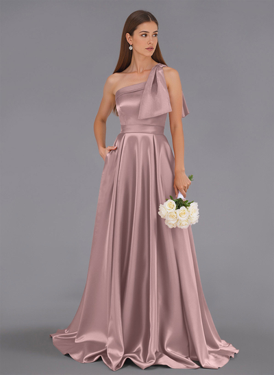 Classy Bow(s) One-Shoulder A-Line Sweep Train Satin Bridesmaid Dresses With Pockets