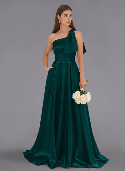 Classy Bow(s) One-Shoulder A-Line Sweep Train Satin Bridesmaid Dresses With Pockets