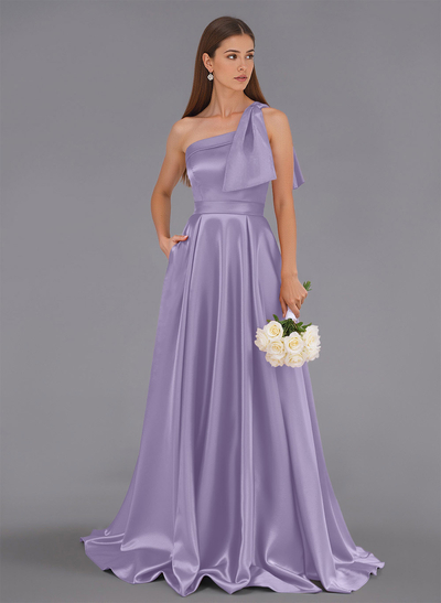 Classy Bow(s) One-Shoulder A-Line Sweep Train Satin Bridesmaid Dresses With Pockets