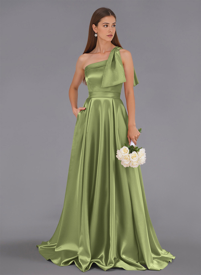 Classy Bow(s) One-Shoulder A-Line Sweep Train Satin Bridesmaid Dresses With Pockets