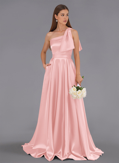 Classy Bow(s) One-Shoulder A-Line Sweep Train Satin Bridesmaid Dresses With Pockets