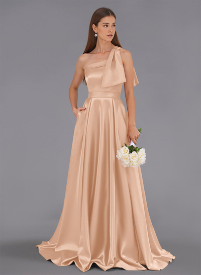 Classy Bow(s) One-Shoulder A-Line Sweep Train Satin Bridesmaid Dresses With Pockets