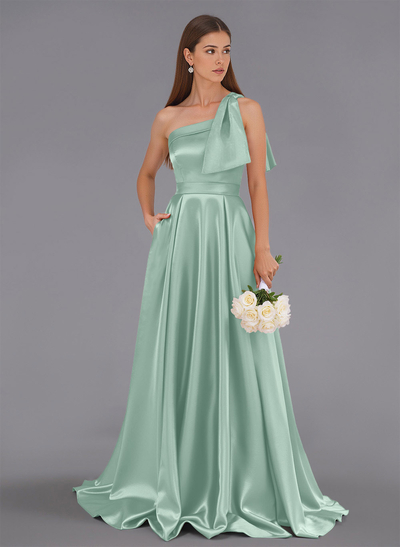 Classy Bow(s) One-Shoulder A-Line Sweep Train Satin Bridesmaid Dresses With Pockets